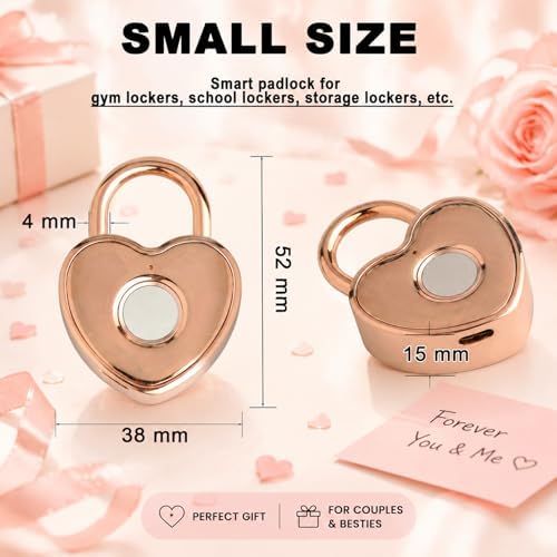Fingerprint Padlock for Gym Locker, Heart Shaped, Rose Gold