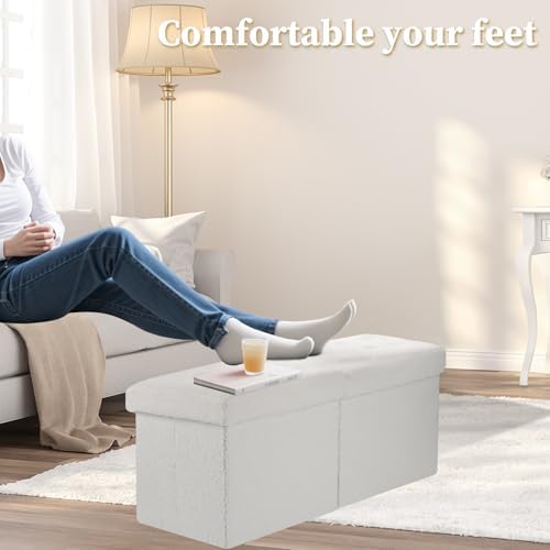 Bsketa Storage Ottoman Bench, 34" Folding Velvet Foot Rest Stool, White