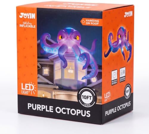 JOYIN 10FT Long Halloween Inflatable Rooftop Octopus Decoration with Built-in LED Lights, Self-Inflating Blow Up Octopus for Outdoor Yard Lawn Garden House Patio Porch, Spooky Glowing Halloween Decor