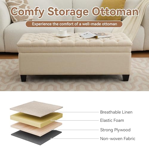 WUTUTUEE 50" Fabric Storage Ottoman Bench, Upholstered Rectangle End of Bed Storage Ottoman Tufted Living Room Bedroom Bench with Safety Hinge, Solid Wood Legs, Loads 500 lb(Khaki)