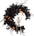20" Pre-lit Halloween Black Moon Wreath with Poseable Skeleton, Handmade Halloween Wreath Decor for Home Front Door Porch Wall Hanging