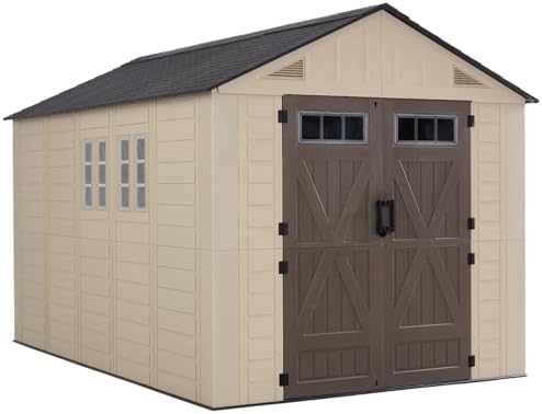 LazySunsets 8x12 Ft Outdoor Storage Shed with Light, Large Resin Outdoor Shed with Floor Included, 4 Windows & Lockable Door, Garden Plastic Storage Sheds for Bike, Lawn Tools, Garbage Can