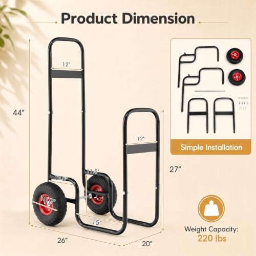 Goplus Firewood Cart with Wheels, Outdoor Indoor Rolling Fire Wood Log Cart with Pneumatic Rubber Tiers, 220 LBS Load Capacity Heavy Duty Steel Wood Storage Hauler, Log Holder Rack for Fireplace