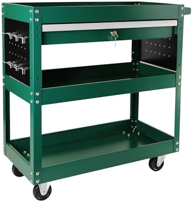Tool Chest with Wheels, 3-Tier Rolling Tool Box with 1 Drawer & Hooks, Heavy Duty Utility Industrial Service Cart with Locking System Drawer for Garage, Warehouse & Repair Shop,Green