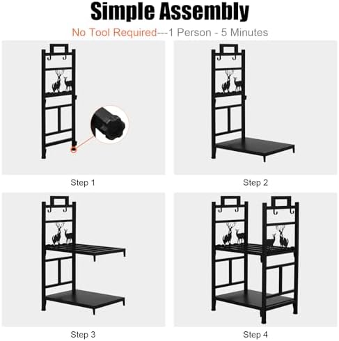 Outvita 2 Tier Firewood Log Rack, Iron Lumber Storage Holder, Wood Pile Stacker Organizer for Indoor Outdoor Fireplace Stove Pit with 4 Fire Tools Hanging Hooks Christmas Elements Black