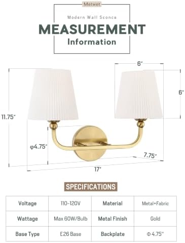 2-Light Brushed Gold Bathroom Vanity Light, Pleated Fabric Shade | 17" 2-light gold double wall sconce with white pleated fabric shades, E26 bulbs, hardwired, upward only, VL837-BG-Z-2