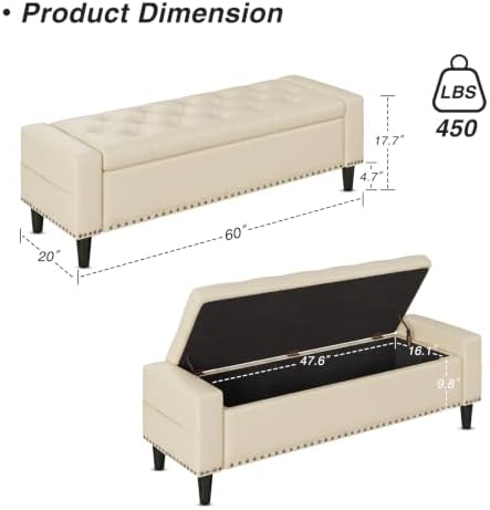 60" Storage Ottoman Bench, Faux Leather Upholstered Bed Bench, Cream White