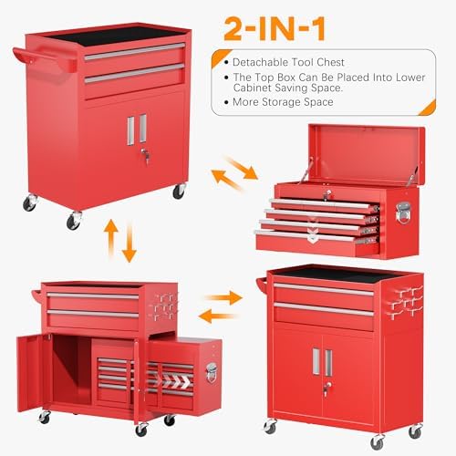 INTERGREAT Tool Chest Cabinet,8-Drawer Rolling Tool Chest with Detachable Top Tool Box, Tool Chests with Universal Lockable Wheels, Metal Tool Cart for Garage, Workshop, Barbershop(Red)