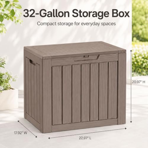 Outdoor Storage Box Resin Deck Box Waterproof Gray Brown 32 Gallon