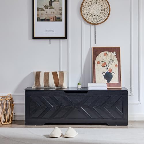 55.1” Storage Bench, Extra Large Entryway Bench with Storage,Storage Chest with 2 Safety Hinges,Blanket Storage,Shoe Storage Chest for Bedroom,Living Room,Easy Assembly. (Black)
