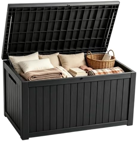 201 Gallon Large Resin Outdoor Storage Box, Waterproof Deck Box with Lockable Lid, Outside Storage Box for Patio Furniture, Pool Accessories, Garden Tools, Storage Bench for Backyard, Porch, Black