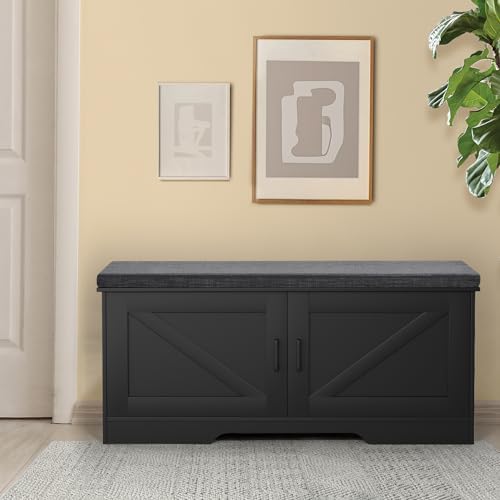 HOMSHO Farmhouse Shoe Storage Bench with 2 Barn Doors & Padded Seat Cushion