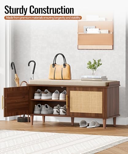 Akxomel 39.4" Rattan Shoe Storage Bench 2 Doors Entryway Bench Walnut