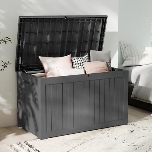 Outdoor Waterproof Resin Storage Deck Box Lockable Outside Bench UV Resistant Bin Patio Porch Furniture Pool Float Garden Tool Cushion (Black, 280 Gallon)