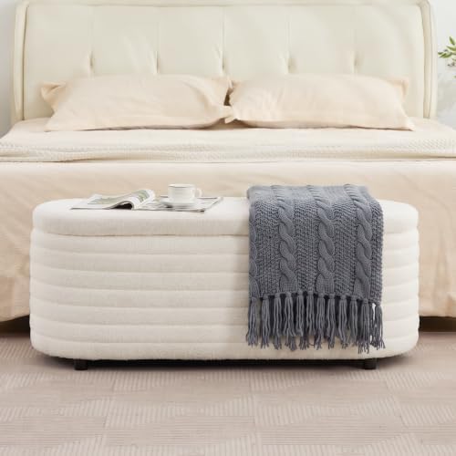 45.5" Modern Storage Ottoman Bench, White Sherpa