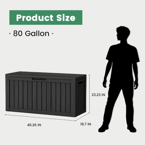 80 Gallon Outdoor Storage Box, Waterproof Resin Deck Box with Side Handles, Lockable Outdoor Bench for Indoor & Outdoor Use, Storage Bin for Patio Cushions, Garden Tools