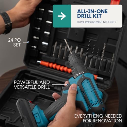 Evermore 21V Cordless Drill Set - 24-Piece All-In-One Power Tool Kit with 2 Batteries, Charger, and Carrying Case - High-Torque Electric Drill for Home Improvement & Renovation