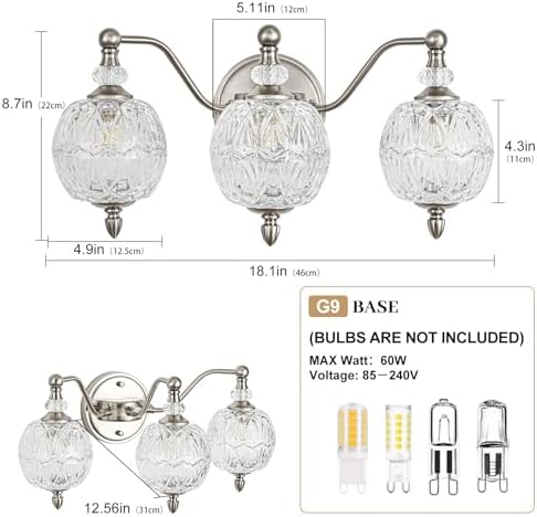 Brushed Nickel Bathroom Vanity Light, 3-Light Mid Century Modern Brushed Nickel Finish Wall Sconce with Globe Glass Shades, Modern Mirror Light for Bathroom, Powder Room