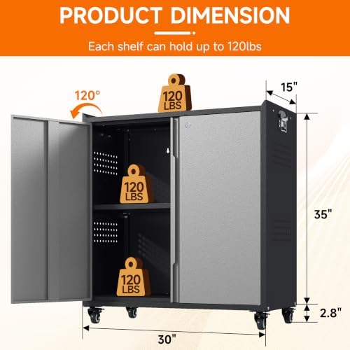 Metal Garage Storage Cabinet with Locking Doors and Adjustable Shelves,34.3" H Small Rolling Tool Storage Cabinet,Lockable Metal Tool Cabinet on Wheels for Garage, Warehouse, Barbershop-Black Gray