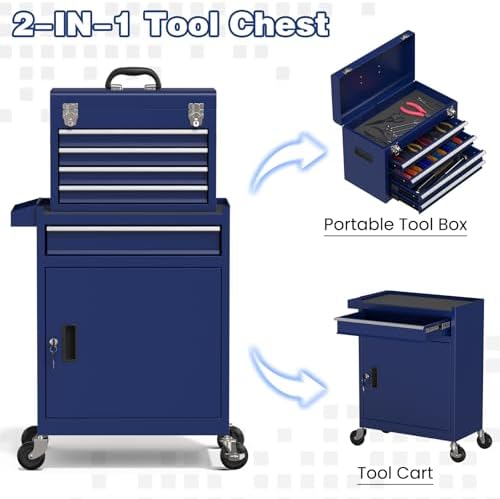 Rolling Tool Box with Wheels, 5-Drawer High Capacity Tool Chest with Wheels, Removable Storage Toolbox with Lock for Garage, Workshop (Blue)