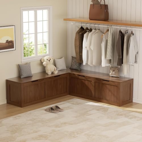 L Shaped Bench with Storage, 63" Breakfast Nook Benches, Wood Kitchen Corner Dining Bench Seating for Entryway, Dining Room, Kitchen, Walnut Brown