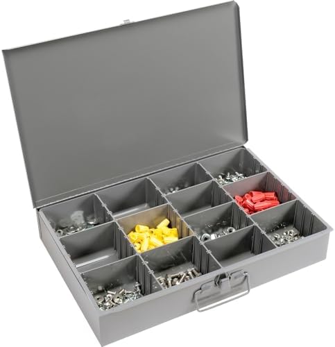 Global Industrial Durham Steel Compartment Box Rack with Four Adjustable Divider Compartment Boxes, 18" L x 12" W x 3" H Boxes, 20" L x 15-3/4"W x 15" H Overall