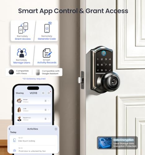 Veise VE018 Fingerprint Keypad Smart Door Knob Handle Lock, Matte Black