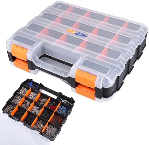 Small Parts Organizer Double Sided Parts Organizer with Removable Dividers 34-Compartments Storage Bins for Hardware, Screws, Nuts, Bolts, Washers, Nails, Fasteners, Tools
