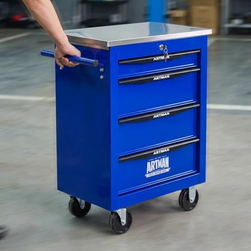 Rolling Tool Chest,Stainless Steel Worktop,Blue,4‑Drawer
