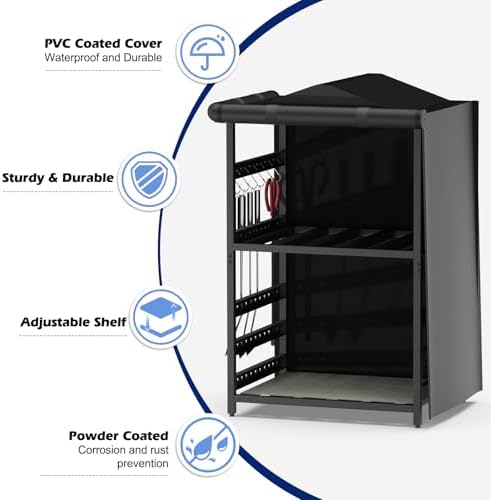 Storage Station for Solo Stove Bonfire, Yukon, Ranger, Firewood Rack Outdoor with Cover, Storage Rack for Fire Pit Accessories, with Waterproof Cover, Adjustable Shelf, Iron Black