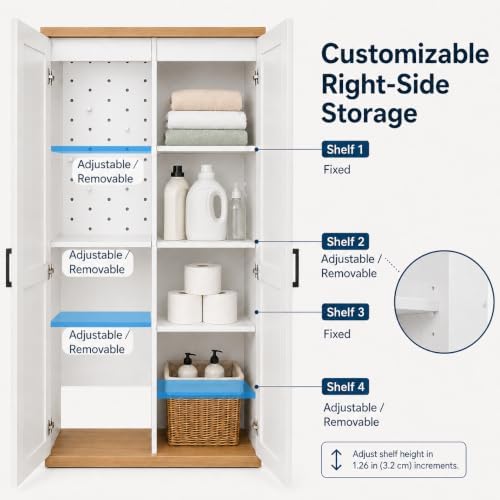 68.9" Wooden Broom Closet Storage Cabinet with Perforated Wood Panel and Doors, Utility Cabinet Built-in Bottom Openwork for Charging Device, Elegant Cleaning Storage Solution for Garage, Laundry