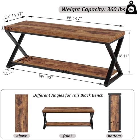 IBF Rustic Entryway Bench with Storage, Rustic Brown Wood and Metal Bench