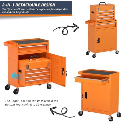 5-Drawer High Capacity Rolling Tool Chest, Removable Cabinet Storage Tool Box with Wheels and Drawers, Detachable Toolbox with Lock for Mechanics Garage Workshop and Tool Room (Orange)