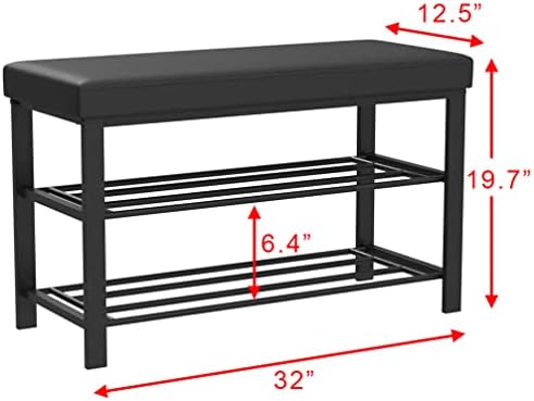 Finnhomy Entryway Shoe Rack with Cushioned Seat, Shoe Bench for Entry, 2 Shelves Storage Bench w/Faux Leather Top Bed Bench, Black