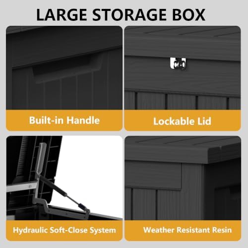 300 Gallon Outdoor Storage Box Waterproof Lockable Resin Deck Box Large, Patio Storage Bin for Pool Accessories Cushion Furniture, Garden Tools, UV-Resistant Outside Delivery Black