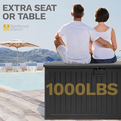 DWVO 260 Gallon Resin Outdoor Storage Box, XXL Double-Wall Waterproof Deck Box with Divider, Doubles as Table or Seating with 1000 lbs Capacity, Lockable (Black)