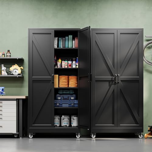 Letaya Metal Garage Storage Cabinet with Wheels,71" Black Tool Steel Locker
