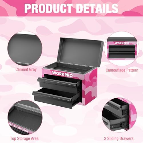 WORKPRO Metal Mini Tool Box with 2 Drawers and Top Storage