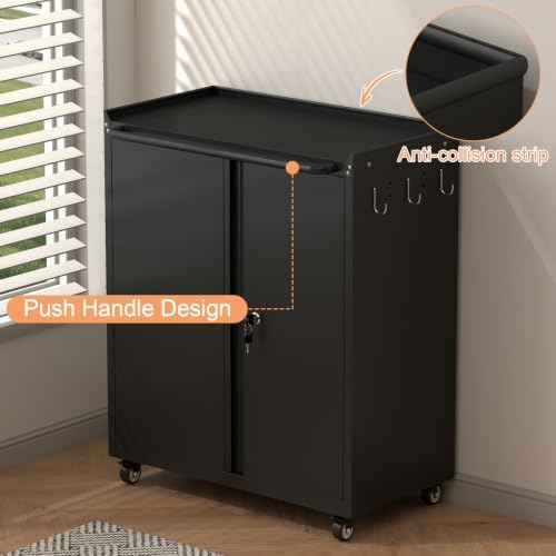 32''H Metal Storage Cabinets with Lock, Metal Garage Storage Cabinet on Wheels, Lockable Rolling Tool Chest Cabinet with Doors & Adjustable Shelves for Garage, Home, Office, Assembly Required