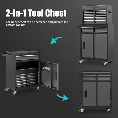 Rolling Tool Chest, 5-Drawer Tool Storage Cabinet with Wheels, Adjustable Shelf & Anti-Slip Liner, Tool Box Organizer for Garage, Warehouse & Workshop (Gray+Black)