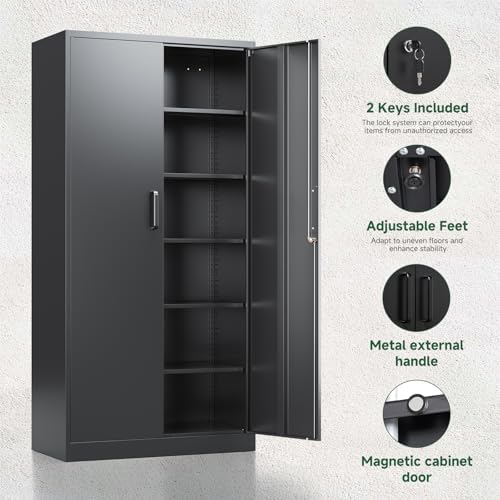 Letaya Metal Storage Cabinets with Lock Doors,Tall Locker Organizer Steel Garage Cabinets, 5 Adjustable Layers Shelves for Home, Office, Warehouse,Tool,Industrial(Black)
