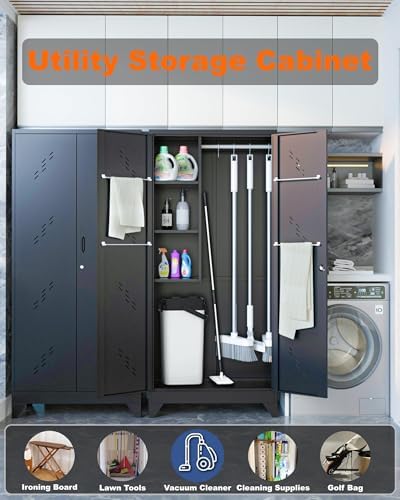 OSEILLC Metal Storage Cabinet with Locking Doors, 75" Tall Garage Cabinet with Hanging Rod, Broom Closet/Freestanding Bathroom Storage Cabinet, Cleaning Tool Storage