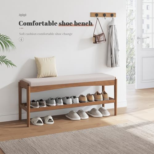 STDDRE Shoe Bench Entryway Bamboo 2-Tier Shoe Rack with Cushion Padded Seat Shoe Bench Organizer Stable for Entry, Hallway, Living Room, Bedroom, Closet (39.4 * 11.4 * 16.5IN, Brown-Beige)