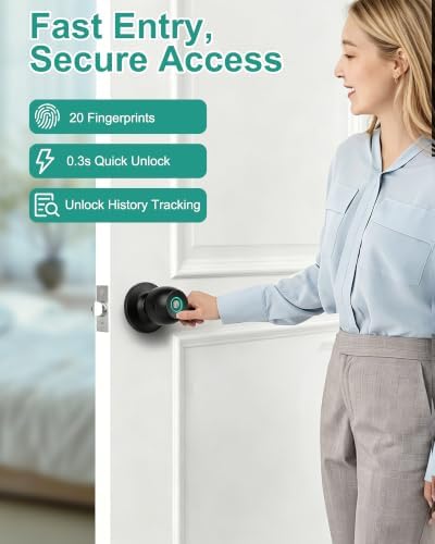 Fingerprint Door Knob Lock for Bedroom with App and Backup Keys