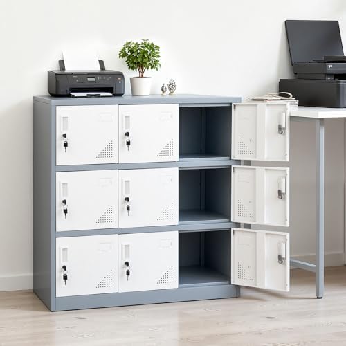 VEVOR 9 Doors Metal Locker for Employees, Steel Locking Storage Cabinet with Card Slot and Ventilation, 2 Keys for Each Door, Employee Lockers for Office, School, Gym, Home, Easy Assembly, Gray
