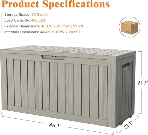 Outdoor Deck Storage Box, 75 Gallon Deck Box,Lockable Patio Storage Bench