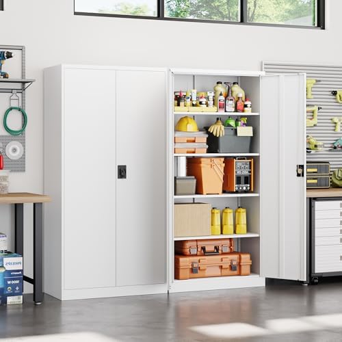 Yizosh Metal Garage Storage Cabinet with Lock, 71" Locking Tool Cabinet with 2 Doors and 5 Shelves, Heavy Duty for Garage, Office, School (White)