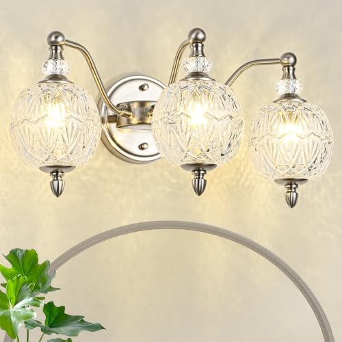 Brushed Nickel Bathroom Vanity Light, 3-Light Mid Century Modern Brushed Nickel Finish Wall Sconce with Globe Glass Shades, Modern Mirror Light for Bathroom, Powder Room