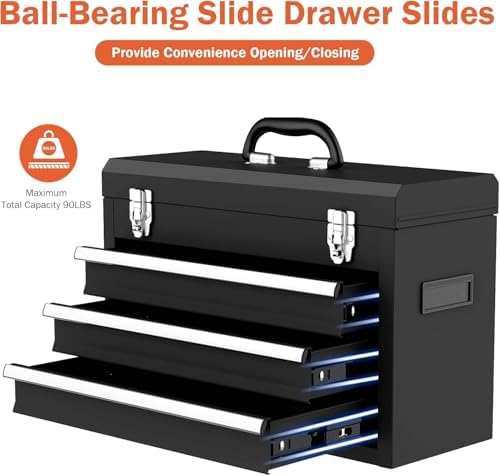 3 Drawer Metal Tool Box, Heavy Duty Steel Tool Chest with Ball Bearing Drawers, Portable Metal Toolbox with EVC Liners and Latches Closure, Powder Coated Tool Storage for Garage, Workbench & Home
