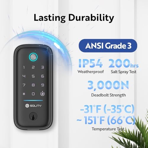 GT5BK Smart Lock – 4-in-1 Keyless Entry Door Lock with Fingerprint, App, PIN, and Key – ANSI Grade 3, Alexa & SmartThings Compatible – Weatherproof Wi-Fi Lock for Front Door – SOLITY (Black)